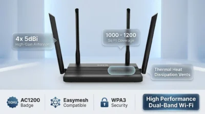 Infographic showing the Netis N3D AC1200 router's 5dBi high-gain antennas and heat dissipation design for 1200 square feet of coverage.