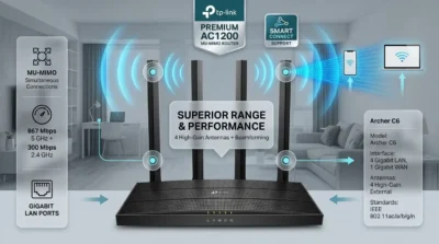 Infographic demonstrating the long-range Wi-Fi coverage and Beamforming technology of the Archer C6 with its 4 antennas.