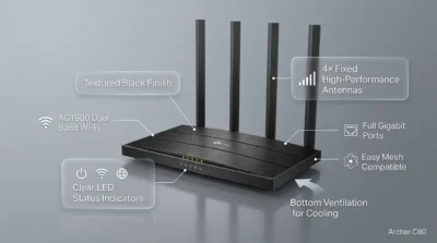 Infographic showing the design features of the Archer C80 router, including its 4 antennas and textured finish.