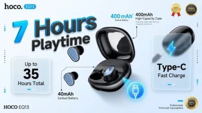 HOCO EQ13 Battery infographic showing 7 hours of single-charge playtime, a 400mAh charging case, and Type-C fast charging capabilities.