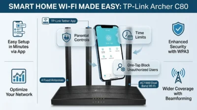 Infographic demonstrating the TP-Link Tether App features for the Archer C80 router management.
