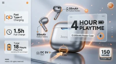 Infographic detailing the 4-hour battery life, 250mAh case capacity, and Type-C charging of the HOCO EW34 earbuds.