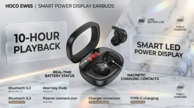 Infographic illustrating the half-in-ear ergonomic design and magnetic secure fit of the HOCO EW65 earbuds.