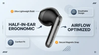 Infographic illustrating the half-in-ear ergonomic design and magnetic secure fit of the HOCO EW65 earbuds.