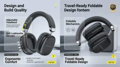 Infographic illustrating the foldable design, adjustable headband, and soft padding of the Awei AT7 headphones.