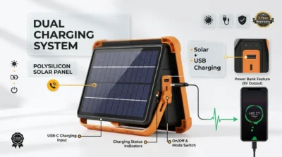 Infographic showing GearUP SFL-100 solar and USB dual charging features with a smartphone being charged by the unit.