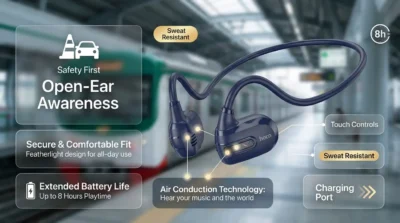 Infographic showing Hoco ES63 open-ear headphones against a blurred city backdrop, highlighting safety and situational awareness features.