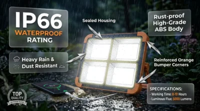 Waterproof infographic for the GearUP SFL-100 showing its IP66 rating and rust-proof ABS body against a rainy outdoor background.