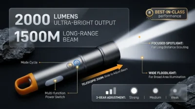 Infographic highlighting the GearUP K57's 2000 lumens brightness, 1500m range, and telescopic zoom functionality with feature callouts.