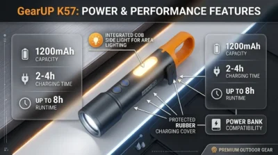 Infographic showing the GearUP K57's rechargeable battery specs, side COB light, and USB charging convenience with detailed labels.