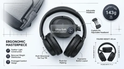 Infographic displaying the Hoco W37's ergonomic design, 143g lightweight build, foldable mechanism, and premium leather cushions.