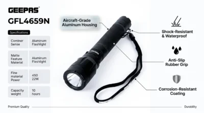 E-commerce infographic highlighting the aircraft-grade aluminum build, shock-resistance, and waterproof features of the Geepas GFL4659N flashlight.