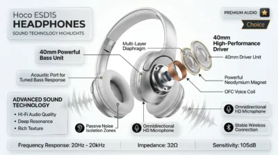 Infographic showing Hoco ESD15 headphones with 40mm drivers and sound wave graphics highlighting deep bass and audio clarity.