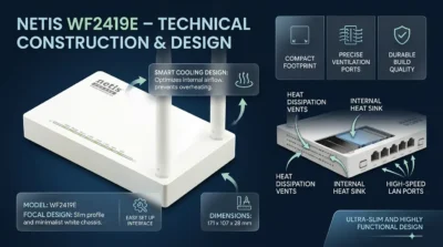 Infographic highlighting the compact size and smart heat management ventilation system of the Netis WF2419E.