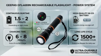Technical infographic detailing the 1.5-2 hour runtime, 6-8 hour charging time, and 1500 recharge cycles of the Geepas GFL4659N Ni-Cd battery.