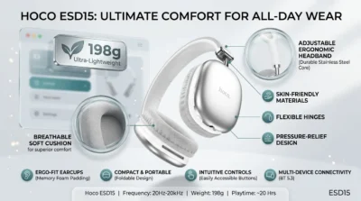 E-commerce infographic detailing the Hoco ESD15's 198g lightweight design and breathable ear cushions for comfort.