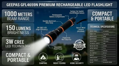 Product infographic showing the 1000-meter beam range and 150-lumen brightness of the Geepas GFL4659N, perfect for camping and security.