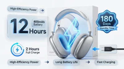Battery specification infographic for Hoco ESD15 illustrating 12 hours of playtime, 2 hours charging time, and 180 days standby.
