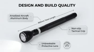 Technical infographic of the Geepas GFL3869 flashlight highlighting its aircraft-grade aluminum construction, 363mm length, and non-slip grip.
