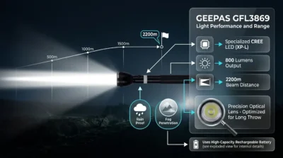 Infographic showing the 2200-meter beam range and CREE LED performance of the Geepas GFL3869 flashlight.