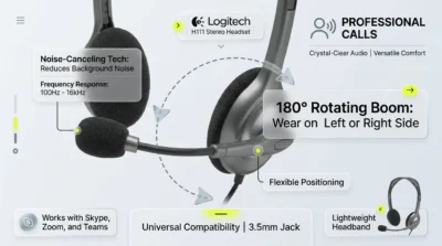 E-commerce infographic showing the 180-degree rotating noise-canceling microphone of the Logitech H111 with technical frequency specs displayed in a glass UI style.