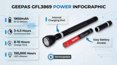 Geepas GFL3869 battery infographic detailing its 1900mAh capacity, 3-hour runtime, and 8-10 hour charging time.