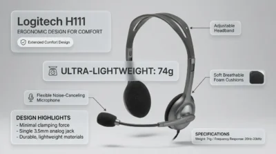 Infographic showcasing the lightweight 74g design, adjustable headband, and soft foam cushions of the Logitech H111 headset using modern glass UI overlays.