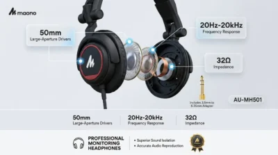 Infographic showing the 50mm dynamic driver of Maono AU-MH501 headphones with technical specifications like frequency response and impedance.