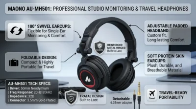 Infographic highlighting the ergonomic design of Maono AU-MH501 including 180-degree swivel earcups and padded headband.