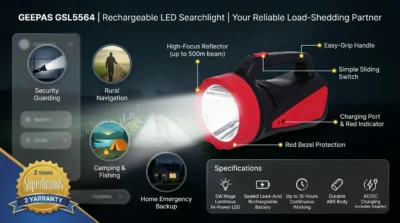 Practical uses infographic for Geepas GSL5564 showcasing its applications in security, camping, and home emergency backup with a 2-year warranty badge.