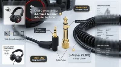 Infographic illustrating the connectivity options of Maono AU-MH501 including the 3.5mm jack, 6.35mm adapter, and 3-meter coiled cable.