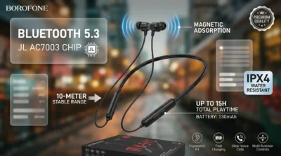 Borofone BE58 Bluetooth 5.3 infographic showing stable connection features and JL chip technology.
