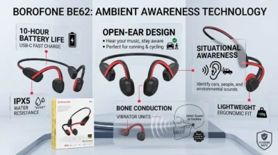 Infographic of Borofone BE62 highlighting open-ear bone conduction technology for safety and hygiene.