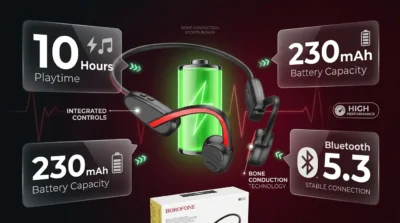 Battery performance infographic for Borofone BE62 detailing 10-hour playtime and Bluetooth 5.3 connectivity.
