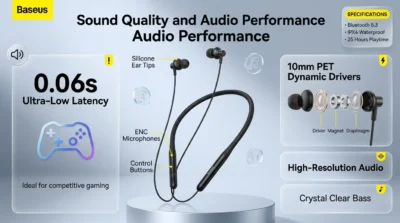 Infographic of Baseus Bowie P1x highlighting 10mm dynamic drivers and 0.06s ultra-low latency for gaming and music.