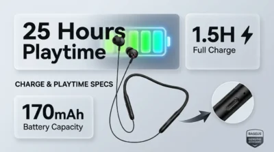 Battery performance infographic for Baseus Bowie P1x showing 25 hours of playback time and 1.5-hour fast charging.