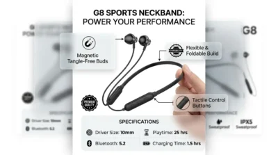 Infographic showing the flexible design and magnetic earbuds of the G8 Sports neckband earphones with feature labels.