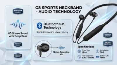 Infographic detailing the Bluetooth 5.2 connectivity and noise-canceling microphone features of the G8 Sports earphones.