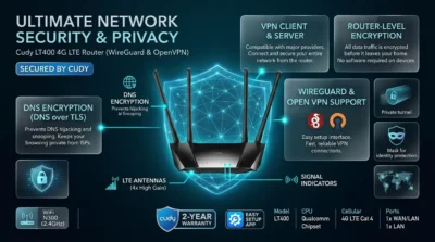 Security infographic for Cudy LT400 featuring WireGuard and OpenVPN support with router-level encryption for all connected devices.