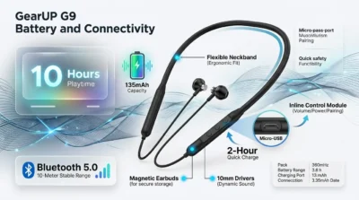 Infographic detailing GearUP G9 battery life of 10 hours, Bluetooth 5.0 connectivity, and 135mAh battery capacity.