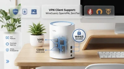 E-commerce infographic highlighting Cudy M1200 VPN features like WireGuard and OpenVPN along with WPA3 security badge.