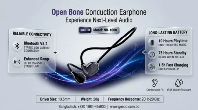 Battery and connectivity infographic for Geeoo NB-1000 showing 10 hours playtime, 75 hours standby, and Bluetooth 5.2 specs.