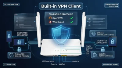 Security infographic for Cudy WR1200 highlighting built-in OpenVPN and WireGuard client support for secure remote work.