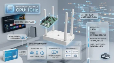 Infographic showing Netis W4 router's support for IPTV, local ISP configurations, and 1GHz processor performance.