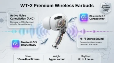 Infographic highlighting the ANC and dual driver technology of the WT-2 Bluetooth earbuds.