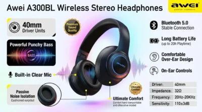 Audio performance infographic for Awei A300BL featuring 40mm drivers and punchy bass with stylized sound waves and feature callouts.