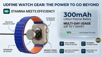 Technical infographic highlighting the 300mAh battery and magnetic charging system of the Udfine Watch Gear.