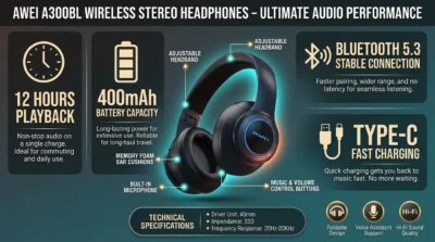 Battery and connectivity infographic for Awei A300BL showing 12-hour battery life, 400mAh capacity, Bluetooth 5.3, and Type-C charging labels.