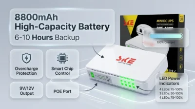 SKE 432P Mini UPS infographic detailing 8800mAh battery capacity and 6-10 hours backup time.