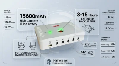 Infographic showing SKE SK616 Mini UPS with 15600mAh battery details and 8-15 hours backup time callouts.